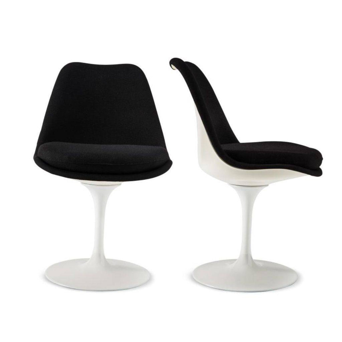 Front and side views of a Tulip pedestal dining chair with black upholstered seat and back, white moulded shell and white cast aluminium pedestal base, inspired by Eero Saarinen's iconic mid-century modern design.