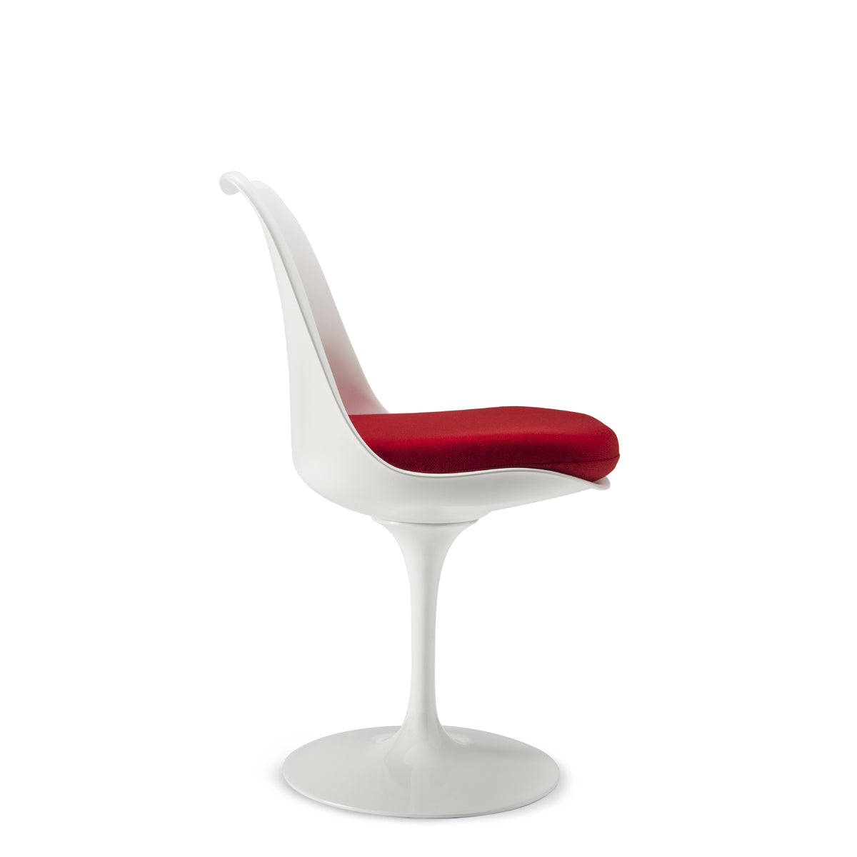 Side view of a Tulip pedestal dining chair with a white moulded shell, white cast aluminium base and red upholstered seat cushion, inspired by Eero Saarinen's iconic mid-century modern design