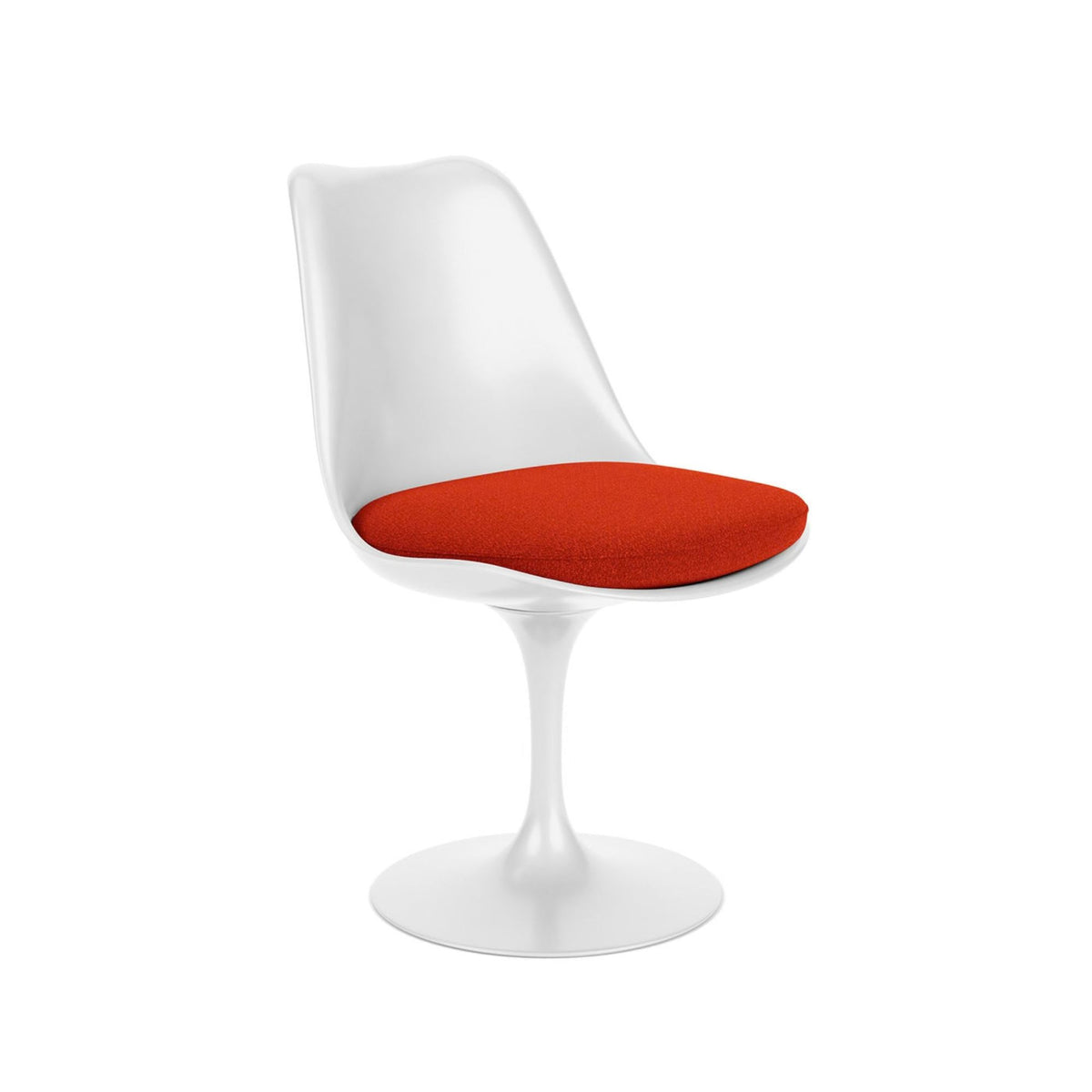 Angled view of a Tulip pedestal dining chair with a white moulded shell, white cast aluminium pedestal base and red upholstered fabric seat cushion, inspired by Eero Saarinen's iconic mid-century modern design.