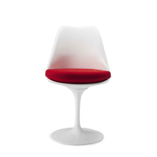 Tulip pedestal dining chair with a white moulded shell, white cast aluminium base and red upholstered seat cushion, inspired by Eero Saarinen's iconic mid-century modern design.
