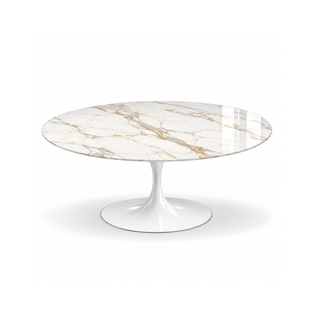 Tulip round coffee table featuring a polished Calacatta Gold marble tabletop with elegant gold and grey veining and a white tulip pedestal base, ideal for luxury modern and contemporary living rooms.