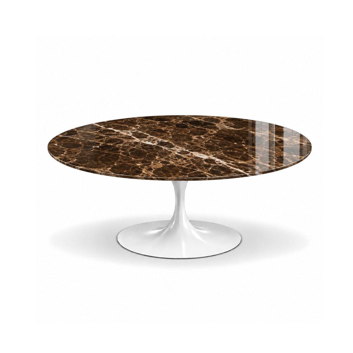 Monza round coffee table featuring a polished Emperador brown marble tabletop with natural white veining and a white tulip pedestal base, perfect for luxury modern and contemporary living rooms.