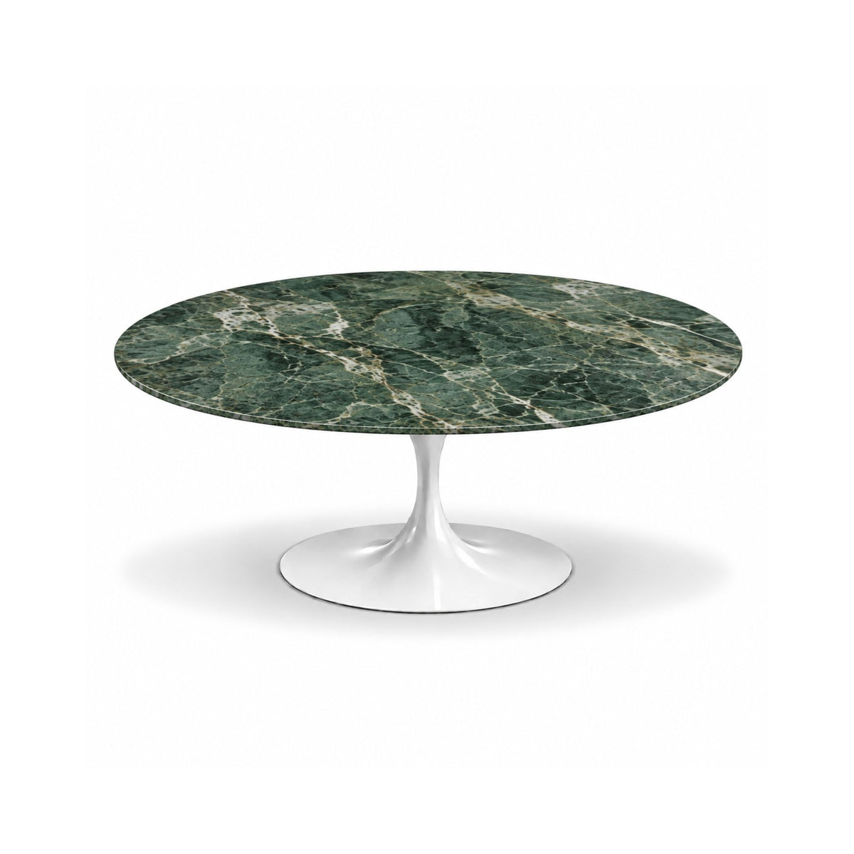 Florence round coffee table featuring a polished Verde Guatemala green marble tabletop with natural white veining and a white tulip pedestal base, perfect for luxury contemporary and modern dining spaces.