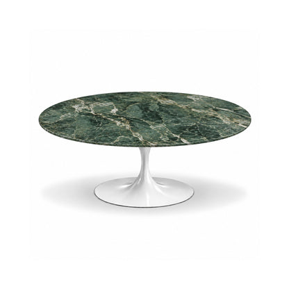 Florence round coffee table featuring a polished Verde Guatemala green marble tabletop with natural white veining and a white tulip pedestal base, perfect for luxury contemporary and modern dining spaces.