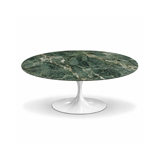 Florence round coffee table featuring a polished Verde Guatemala green marble tabletop with natural white veining and a white tulip pedestal base, perfect for luxury contemporary and modern dining spaces.