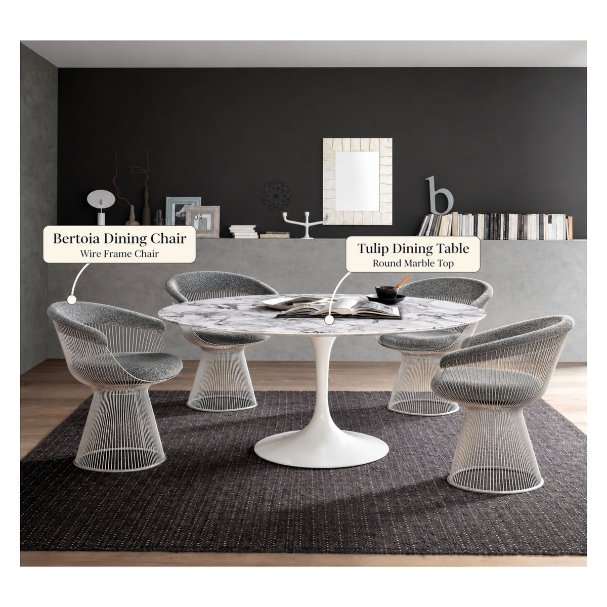 Modern dining room featuring a white round Tulip dining table with a marble top surrounded by four Bertoia wire frame dining chairs in silver, showcasing timeless mid-century modern furniture.