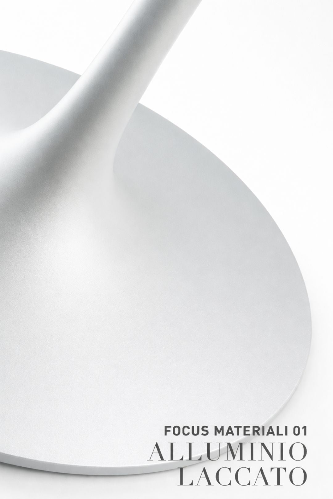 Close-up of lacquered aluminium tulip table base in modern Italian design, showing smooth pedestal shape on white background