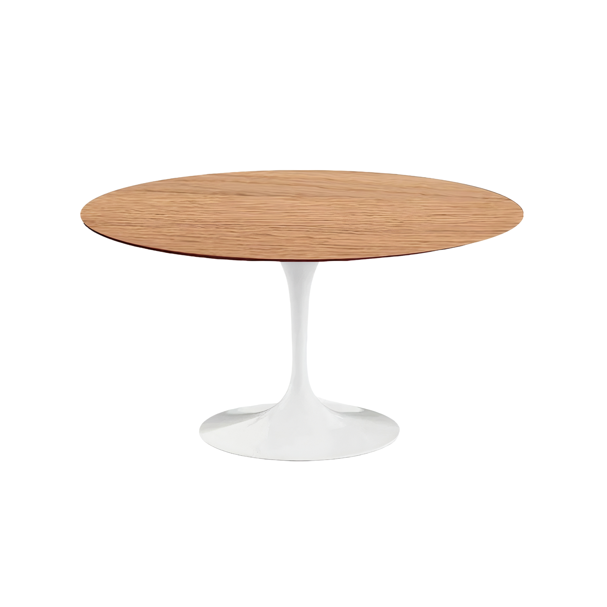 Round wooden tulip table with white pedestal base on a white background