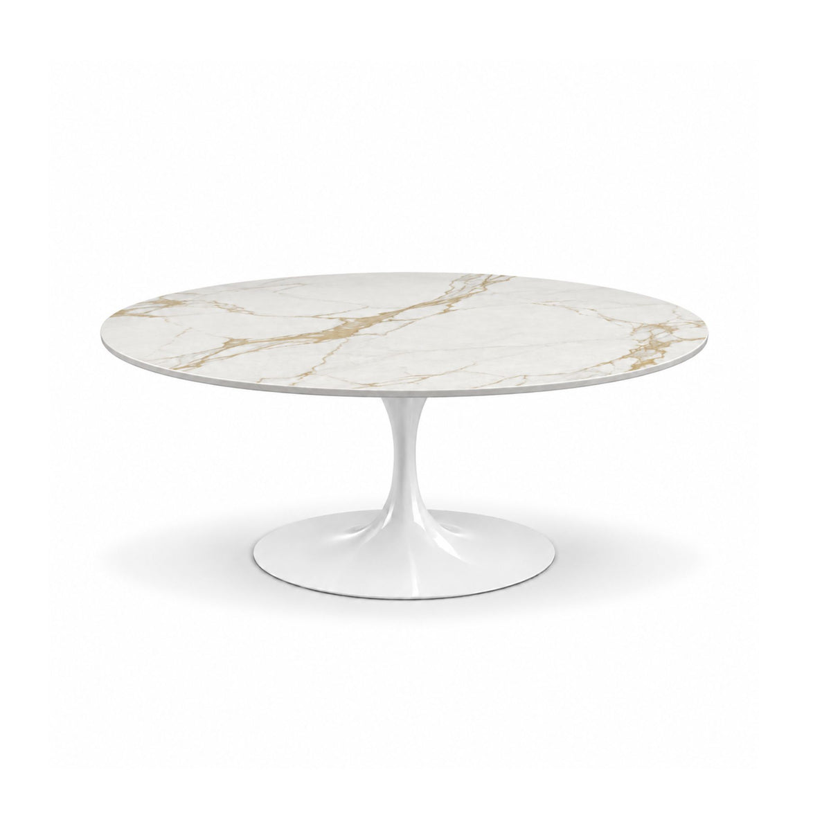 Valencia Tulip coffee table featuring a polished Calacatta Borghini marble tabletop with elegant gold and grey veining and a white tulip pedestal base, perfect for luxury modern, contemporary, and mid-century living room interiors.