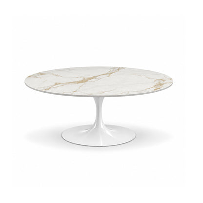 Valencia Tulip coffee table featuring a polished Calacatta Borghini marble tabletop with elegant gold and grey veining and a white tulip pedestal base, perfect for luxury modern, contemporary, and mid-century living room interiors.