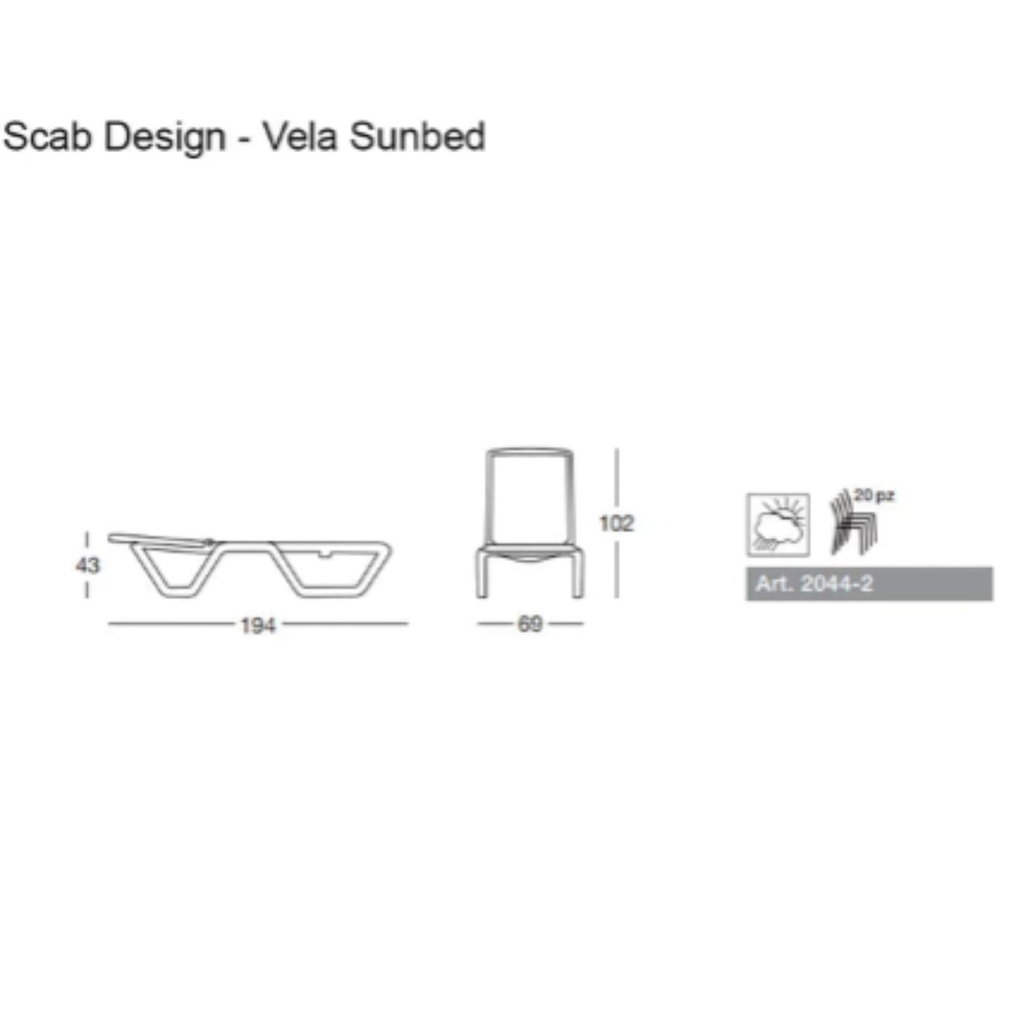 Technical drawing of the S•CAB Vela sunbed showing side and front views, overall dimensions, and stackability details.