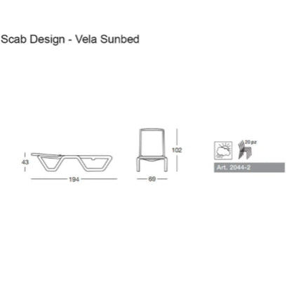 Technical drawing of the S•CAB Vela sunbed showing side and front views, overall dimensions, and stackability details.