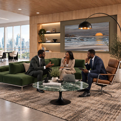 Verde Executive Tulip coffee table featuring a polished Verde Alpi marble tabletop with rich green tones and natural white veining, paired with a glossy black tulip pedestal base, styled in a contemporary executive office lounge with business professionals. A luxury Italian designer coffee table for modern commercial and residential interiors.