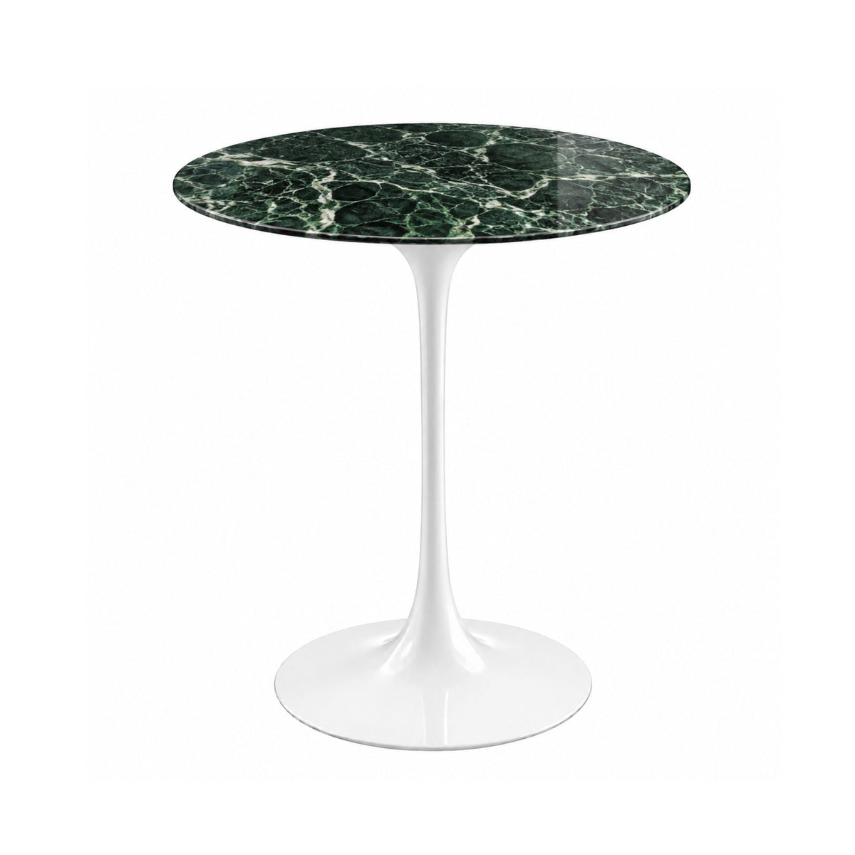 Verde Luxe Tulip side table featuring a polished Verde Alpi marble tabletop with rich emerald green tones and striking white veining, paired with a glossy white tulip pedestal base. A luxury Italian designer side table for modern, contemporary, Scandinavian, and mid-century living room interiors.