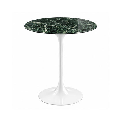 Verde Luxe Tulip side table featuring a polished Verde Alpi marble tabletop with rich emerald green tones and striking white veining, paired with a glossy white tulip pedestal base. A luxury Italian designer side table for modern, contemporary, Scandinavian, and mid-century living room interiors.