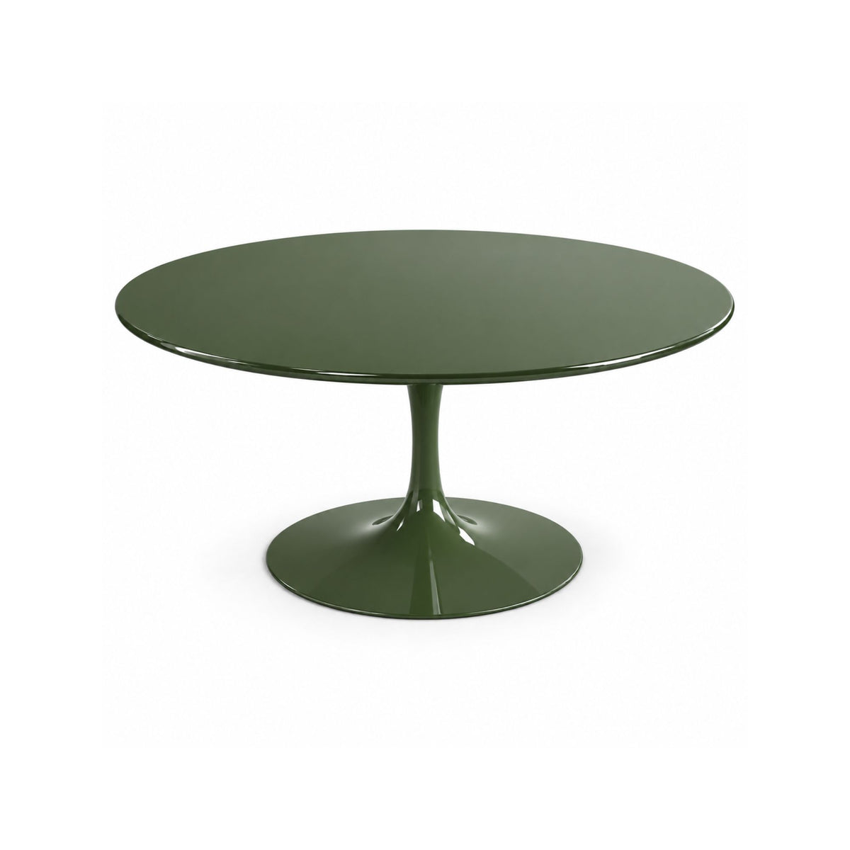 Verde round dining table with a high-gloss olive green tabletop and matching tulip pedestal base, designed for modern, contemporary, and mid-century inspired dining interiors