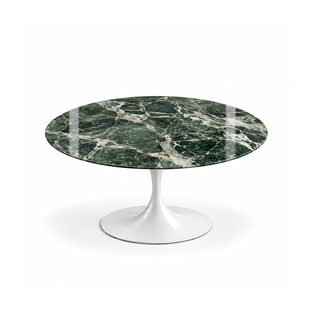 Verde Royale Tulip coffee table featuring a polished Verde Alpi marble tabletop with rich green tones and striking white veining, paired with a glossy white tulip pedestal base. An elegant choice for luxury modern, contemporary, and mid-century living room interiors.