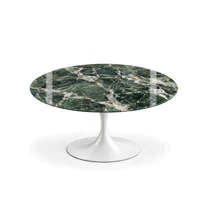 Verde Royale Tulip coffee table featuring a polished Verde Alpi marble tabletop with rich green tones and striking white veining, paired with a glossy white tulip pedestal base. An elegant choice for luxury modern, contemporary, and mid-century living room interiors.