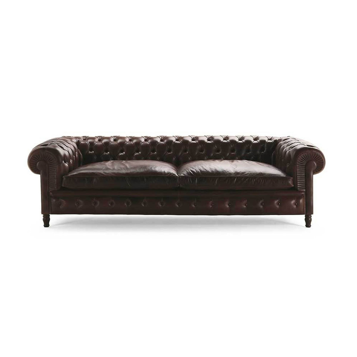 Vintage dark brown Chesterfield 3-seater leather sofa with deep diamond button tufting, rolled scroll arms, plush seat cushions and classic British-inspired design, ideal for luxury living rooms, executive offices, boutique hotels and traditional interiors.