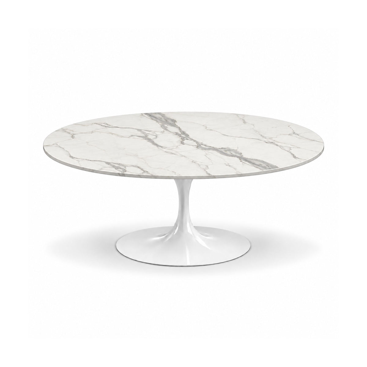 Vittoria Tulip coffee table featuring a polished Calacatta Statuario marble tabletop with elegant grey veining and a white tulip pedestal base, perfect for luxury modern, contemporary, and mid-century living room interiors