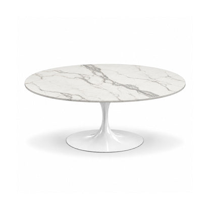Vittoria Tulip coffee table featuring a polished Calacatta Statuario marble tabletop with elegant grey veining and a white tulip pedestal base, perfect for luxury modern, contemporary, and mid-century living room interiors