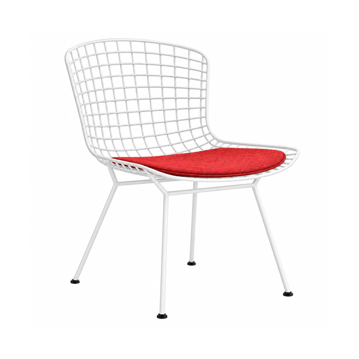 White steel wire chair with a red upholstered seat cushion on a white background