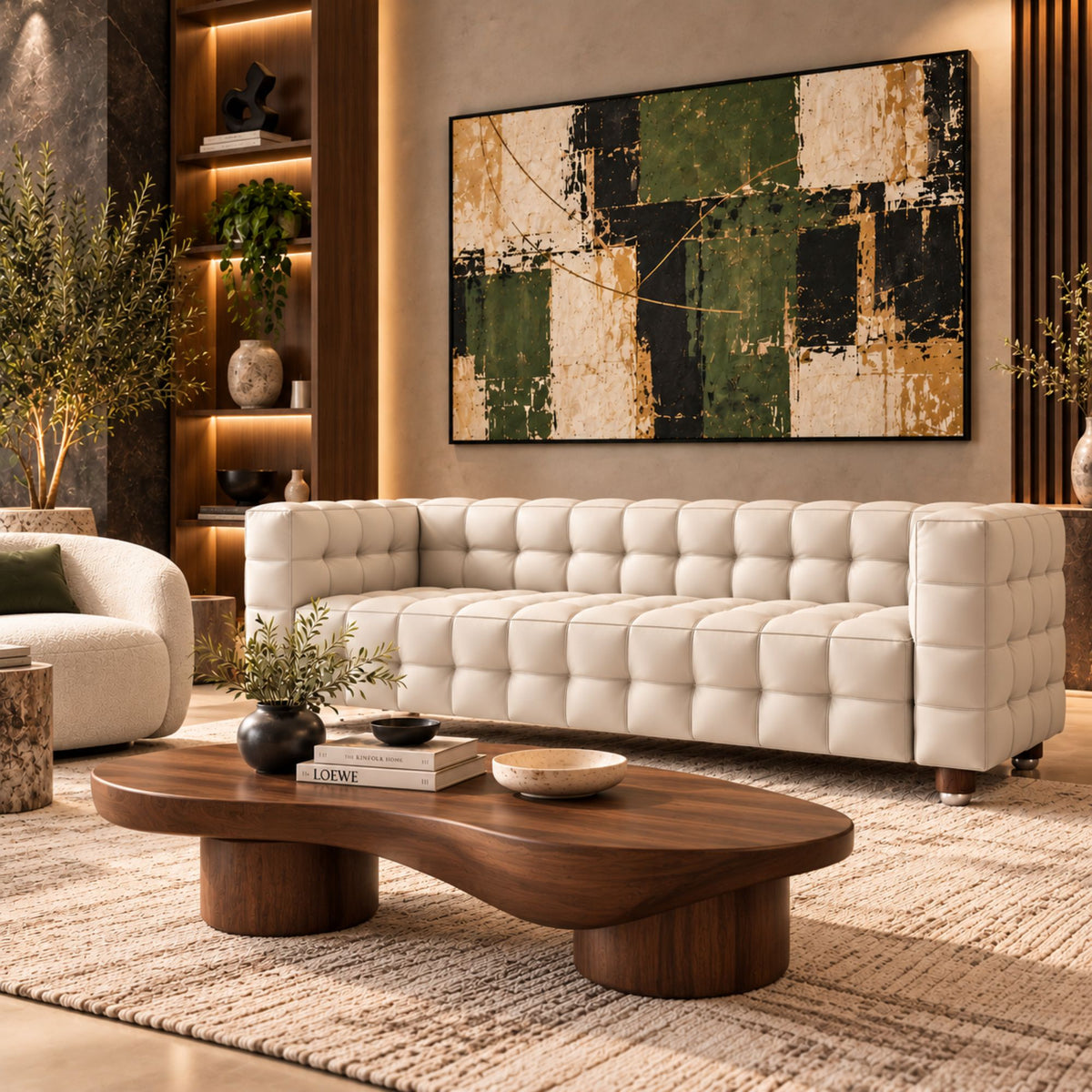 White Kubus 3-seater leather sofa with deep square tufted upholstery, geometric cube design and premium modern seating for luxury living rooms, hotels and contemporary interiors.