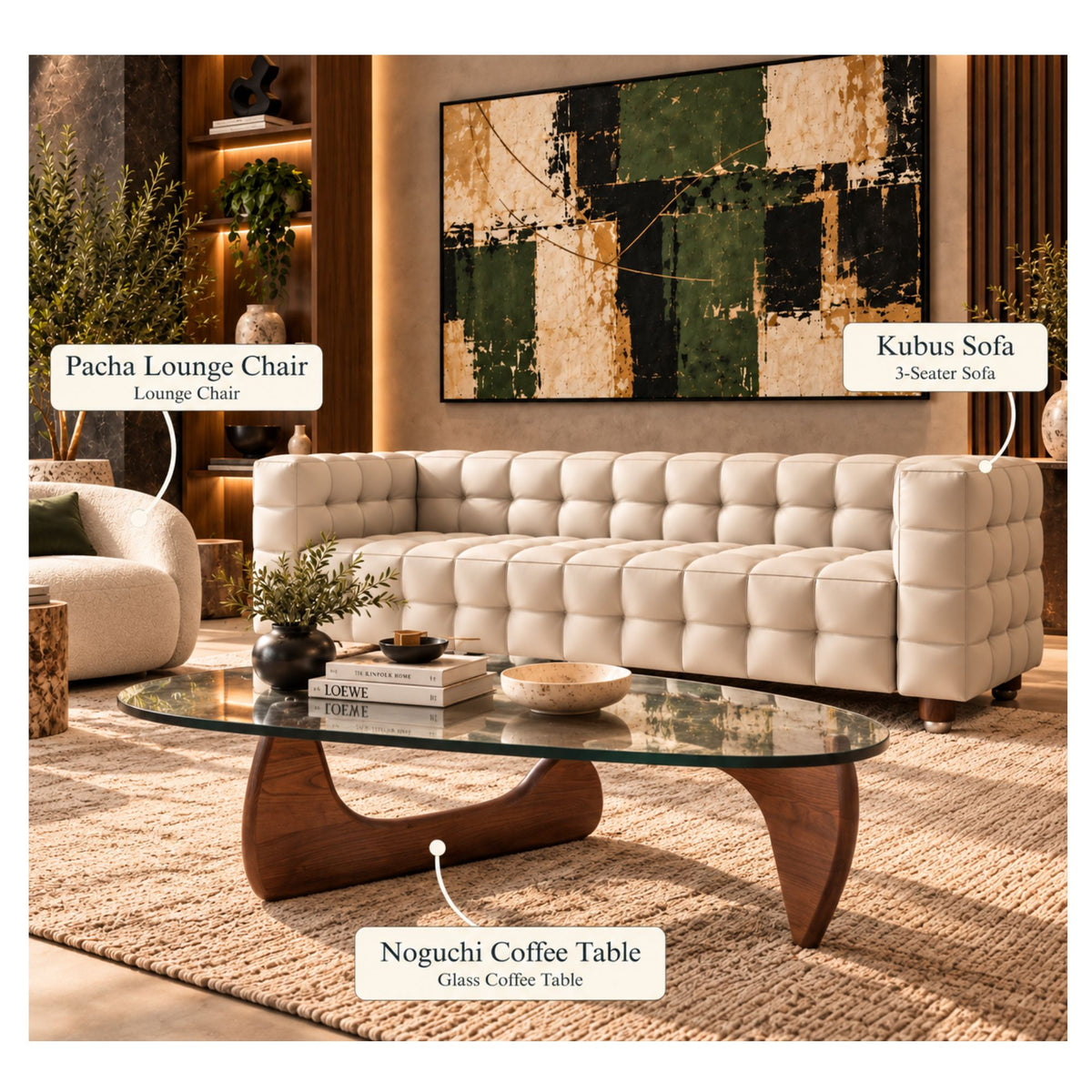 White Kubus 3-seater sofa with a Pacha lounge chair and Noguchi glass coffee table featuring a sculptural walnut wood base in a luxurious modern living room.