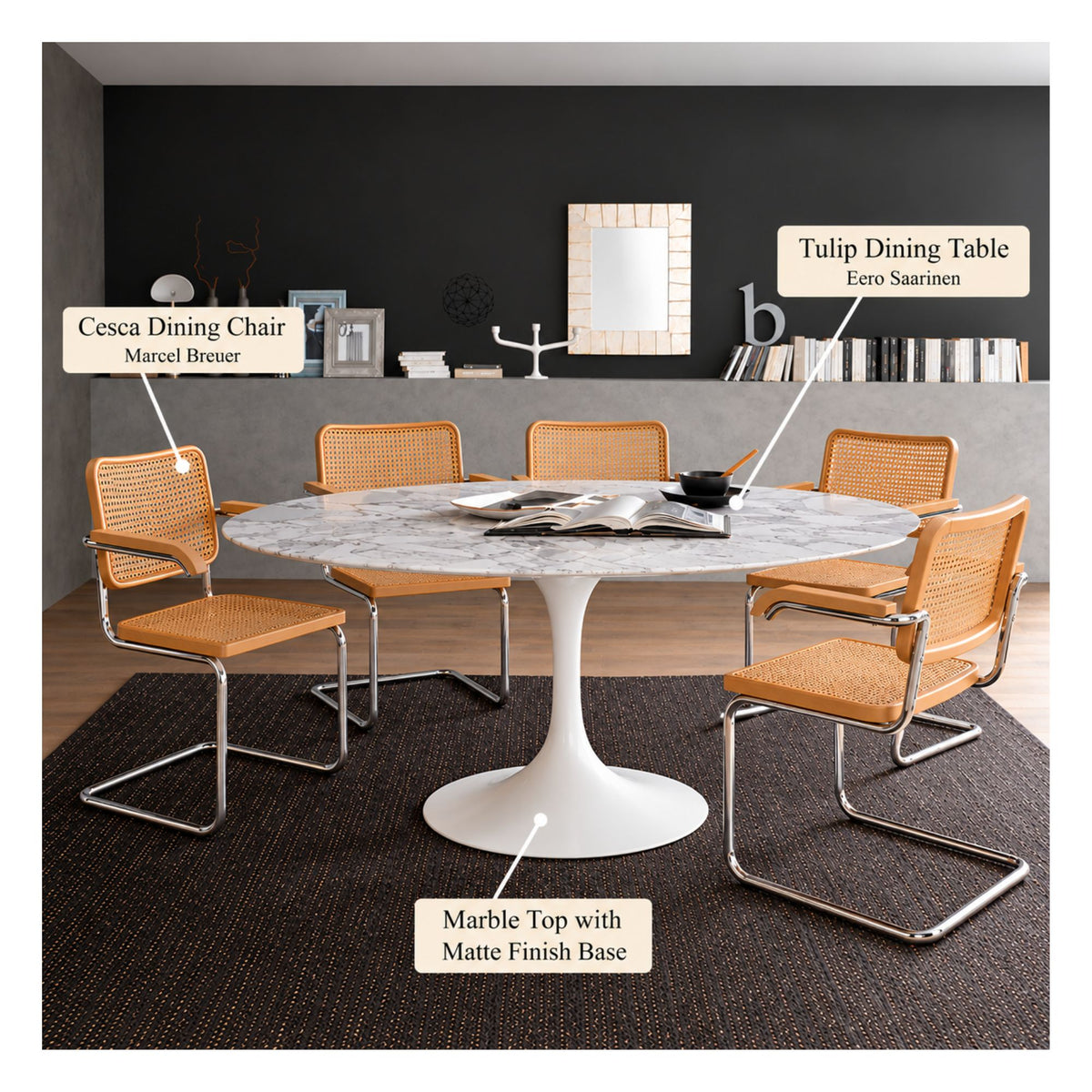 White marble round Eero Saarinen Tulip dining table with a white pedestal base paired with four Cesca armchairs featuring natural cane seats and backs, chrome cantilever frames, and wooden armrests in a contemporary dining room.