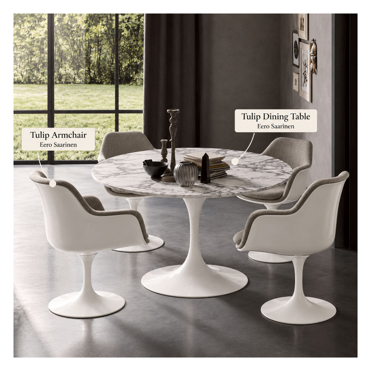 White marble round Eero Saarinen Tulip dining table with a white pedestal base paired with four white Tulip armchairs featuring light grey upholstered cushions in a contemporary dining room.
