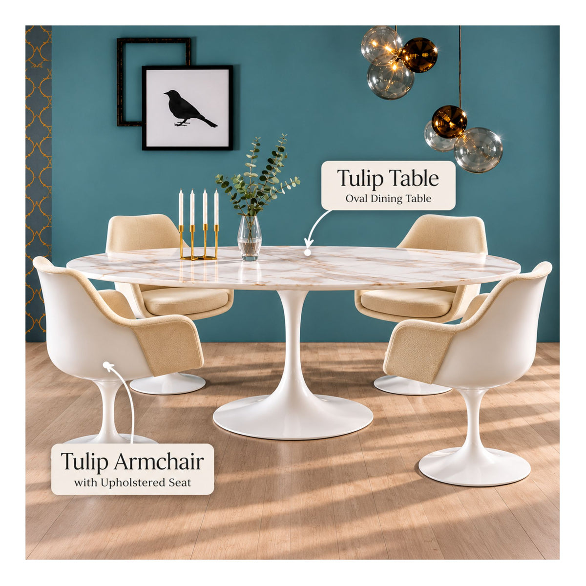 White oval Tulip dining table with four upholstered Tulip armchairs in a modern dining room featuring a marble-effect tabletop, white pedestal base and cream fabric seats.
