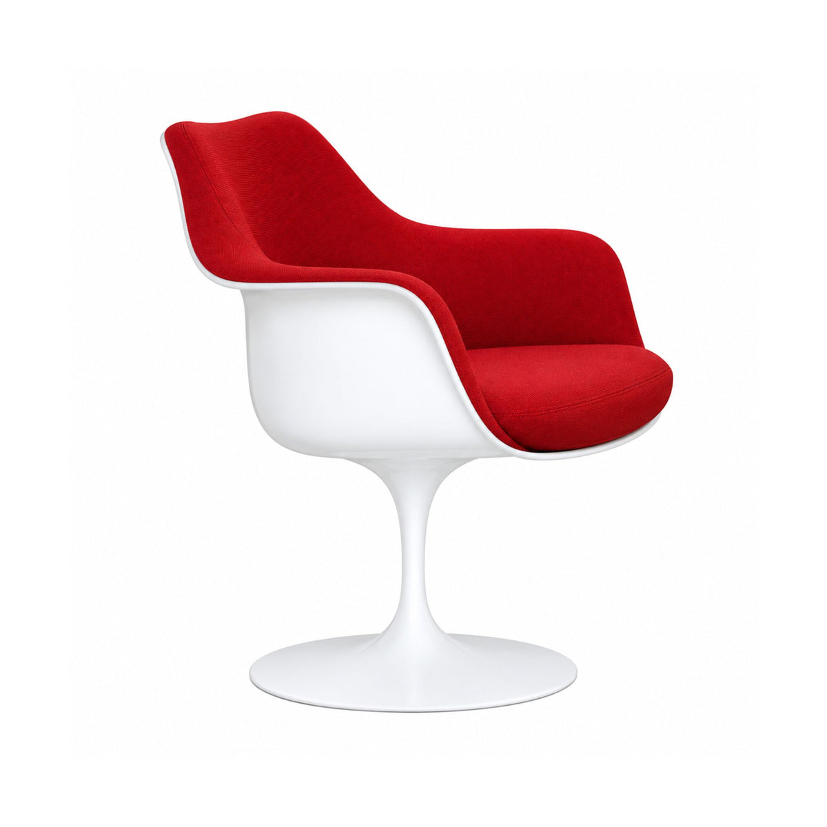 White pedestal swivel armchair with a blue upholstered seat and back