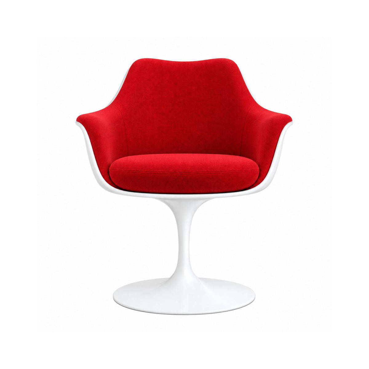 White pedestal swivel armchair with a red upholstered seat and back