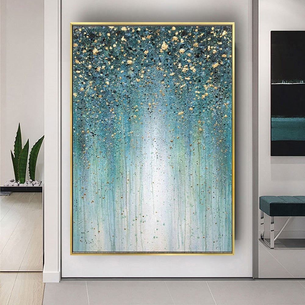 Abstract gold blue gorgeous texture hand painted canvas