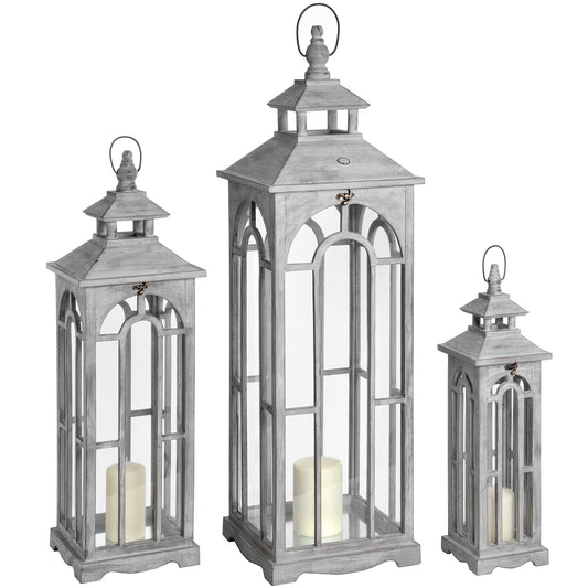 Set of Three Archway Design Wooden Lanterns