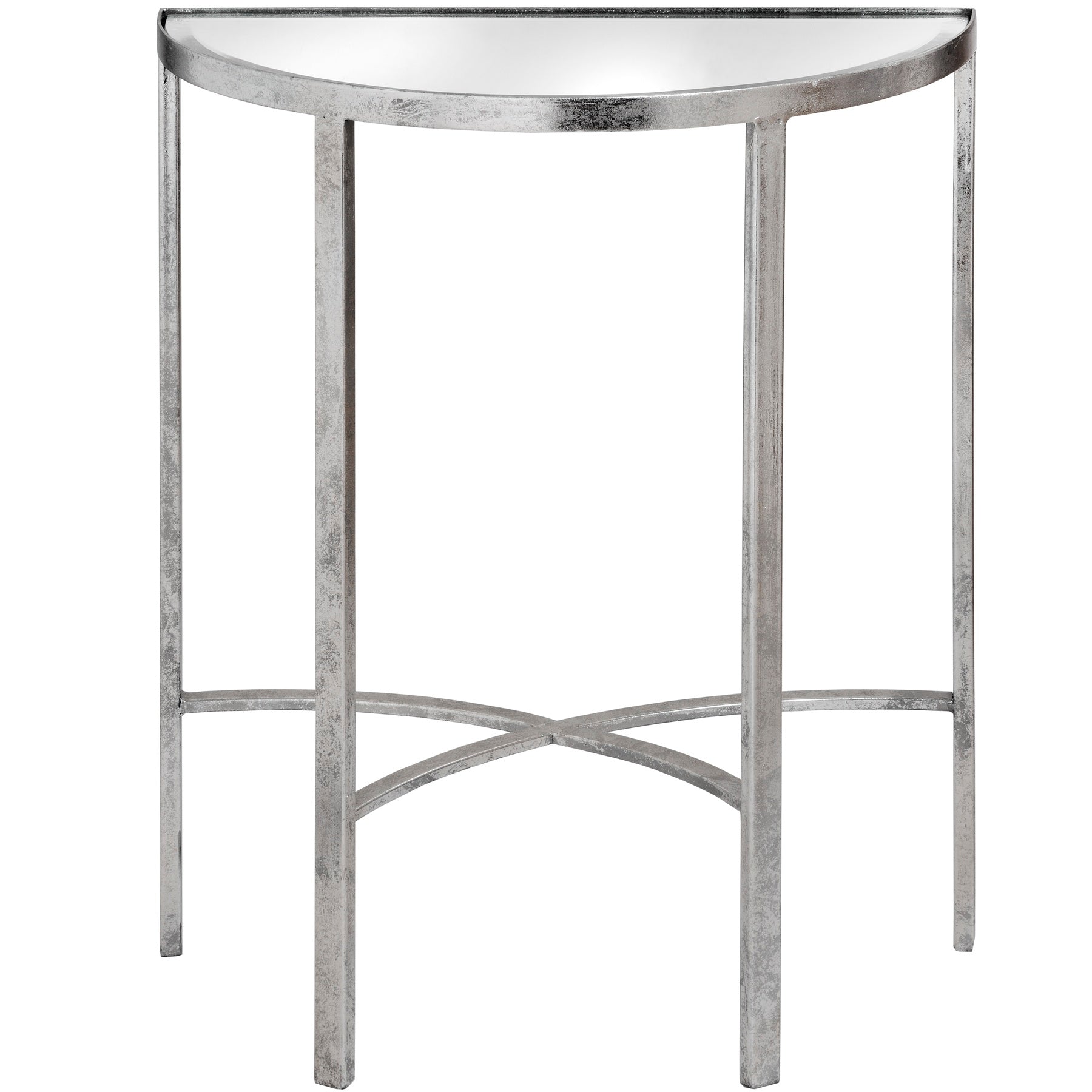 Mirrored Silver Half Moon Table with Cross Detail