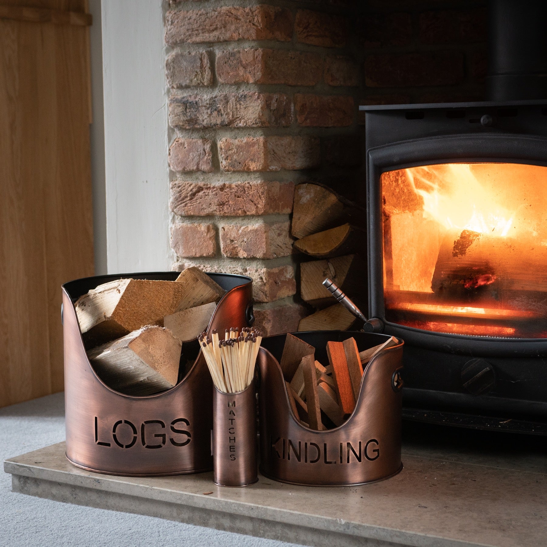 Copper Finish Logs and Kindling Buckets & Matchstick Holder