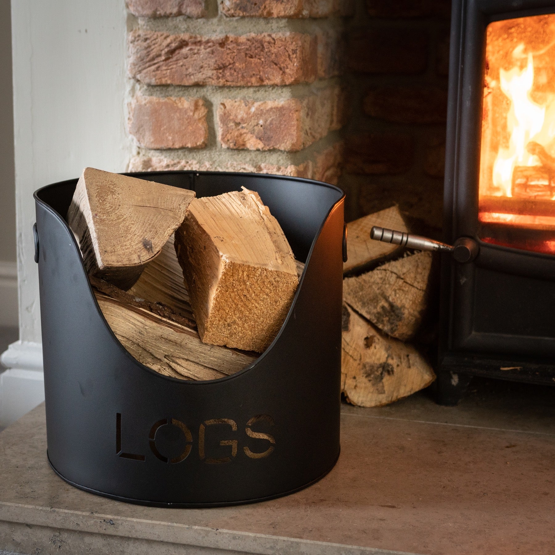 Black Finish Logs and Kindling Buckets with Matchstick Holder