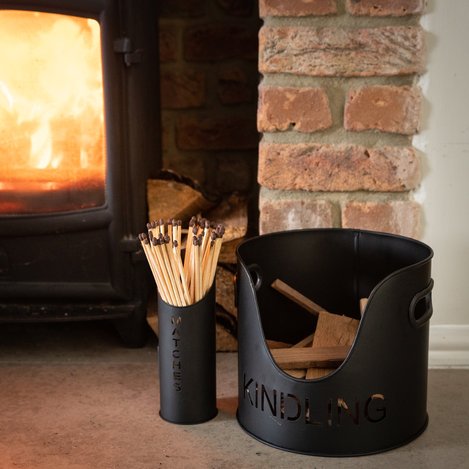 Black Finish Logs and Kindling Buckets with Matchstick Holder