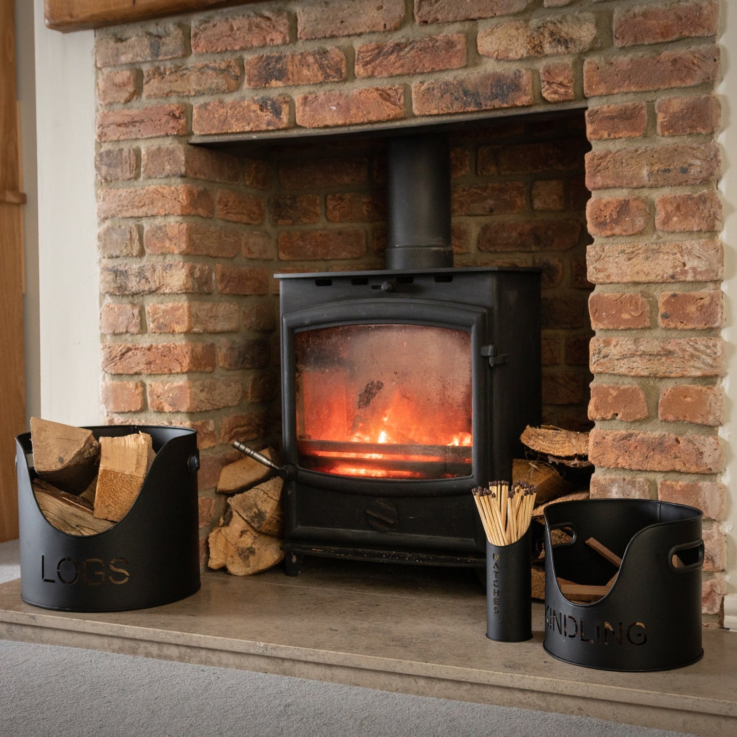 Black Finish Logs and Kindling Buckets with Matchstick Holder