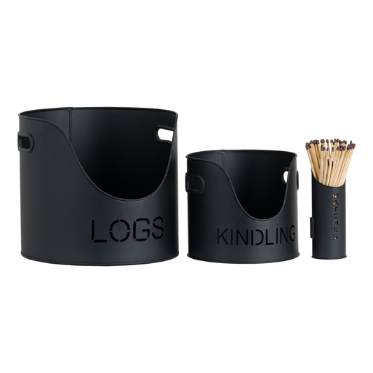 Black Finish Logs and Kindling Buckets with Matchstick Holder