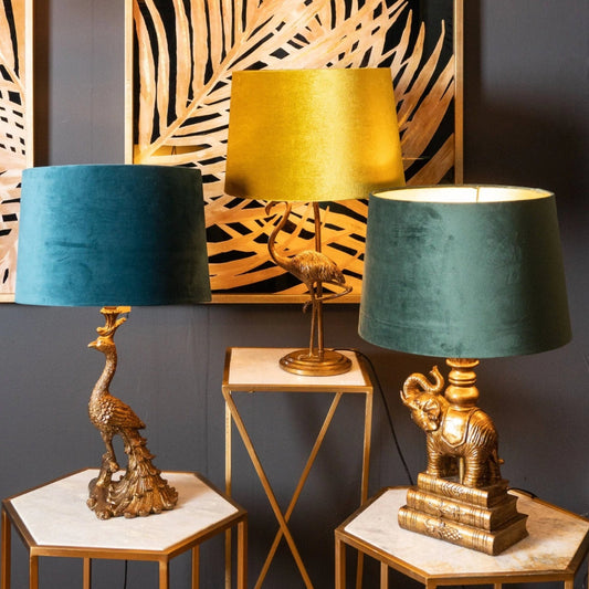 Antique gold peacock lamp with teal velvet shade