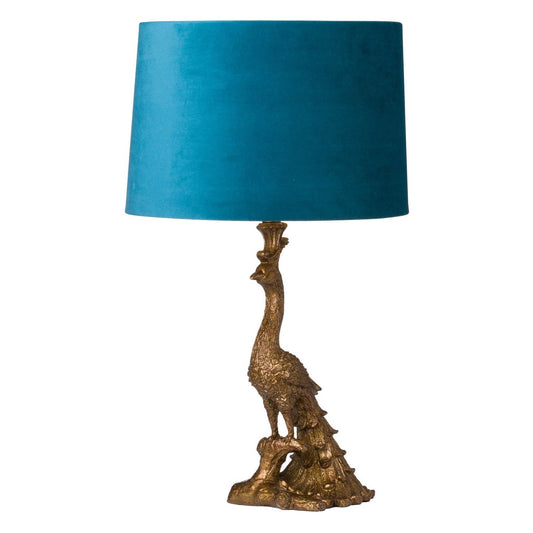 Antique gold peacock lamp with teal velvet shade