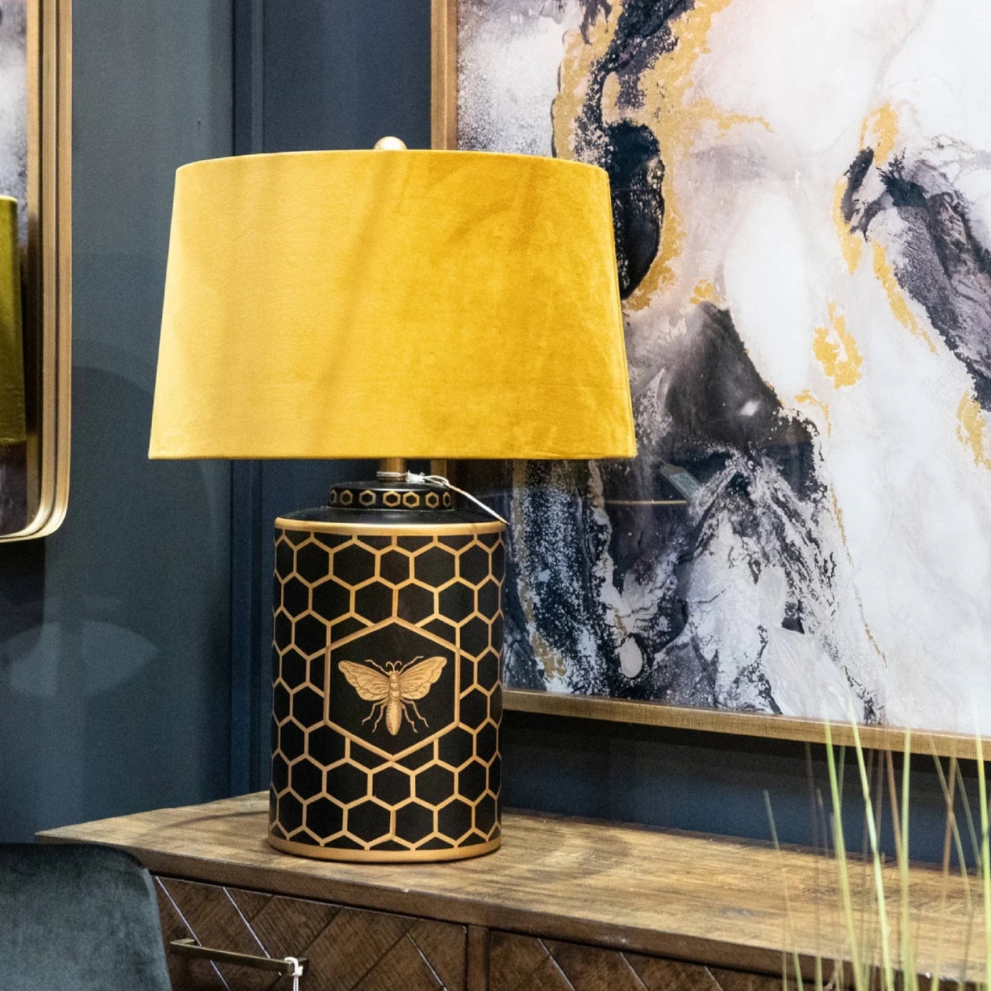 Harlow bee table lamp with mustard shade