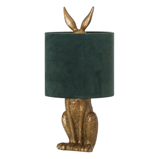 Antique gold hare table lamp with green velvet shade