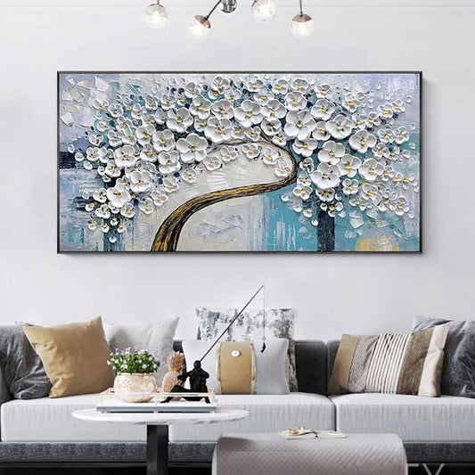 3D thick flora white cherry flower oil hand painted canvas