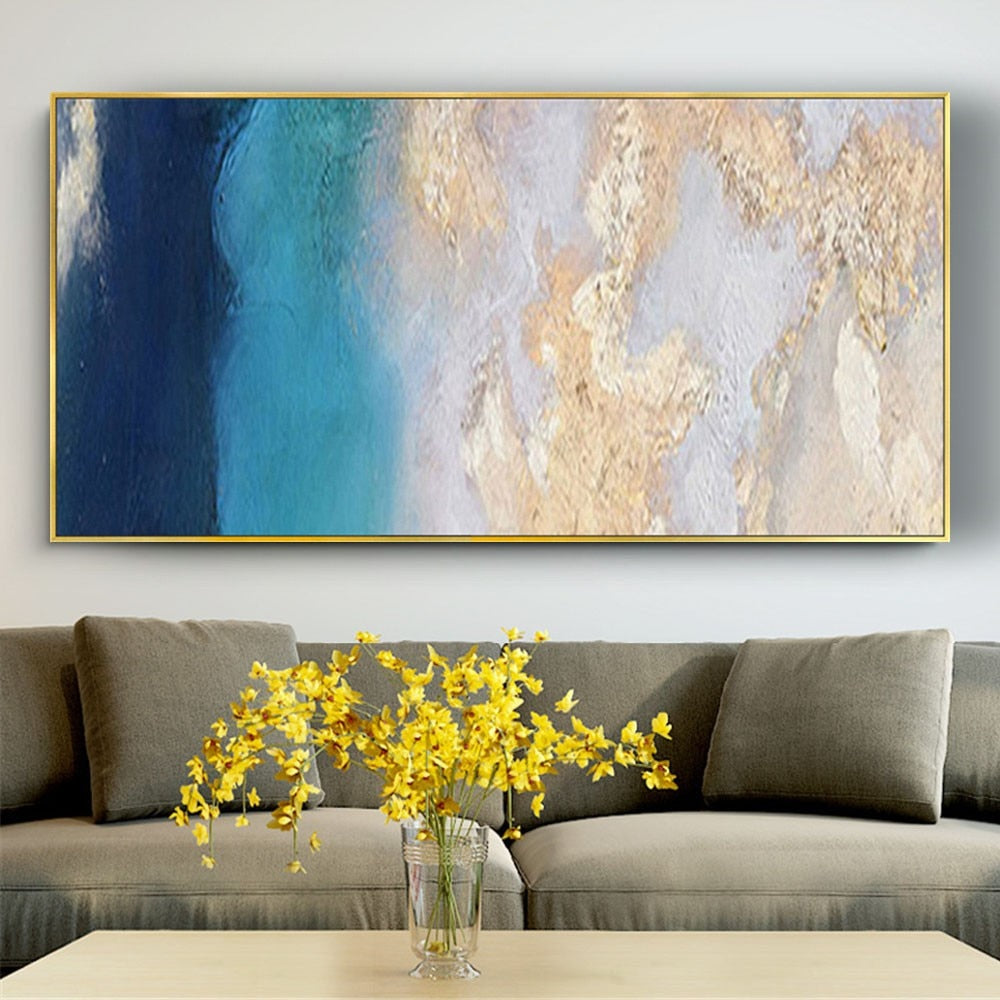 Abstract blue and golden oil hand painted canvas