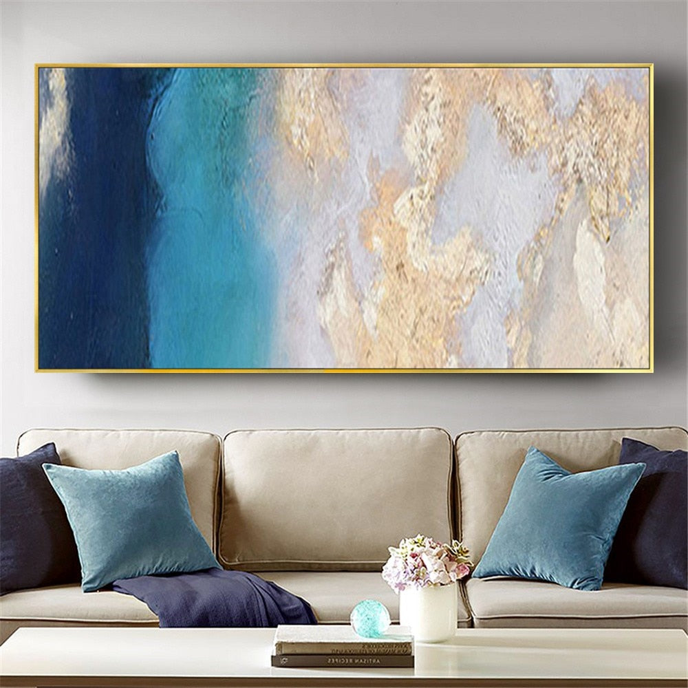 Abstract blue and golden oil hand painted canvas