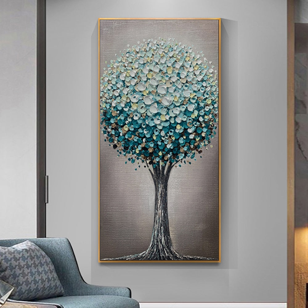 Oil painting of a contemporary art of textured blue fortune tree