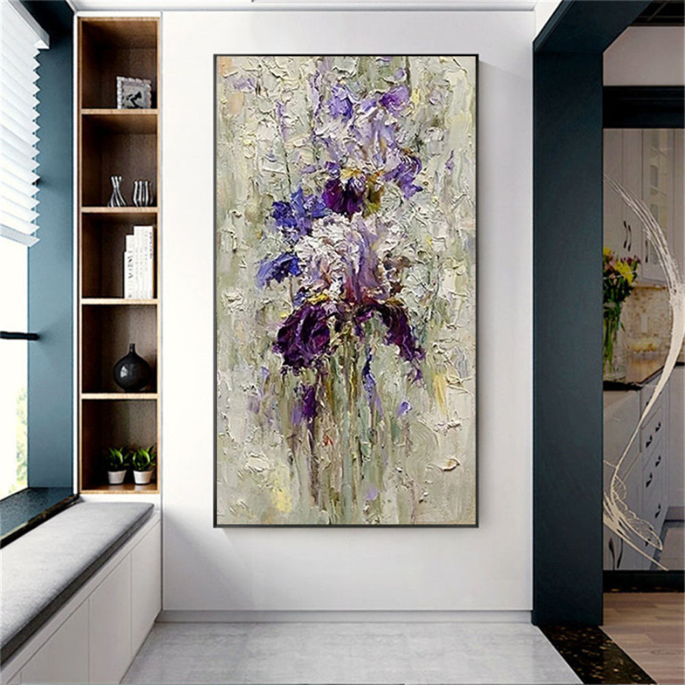 Abstract beautiful oil flowers violet hand painted canvas